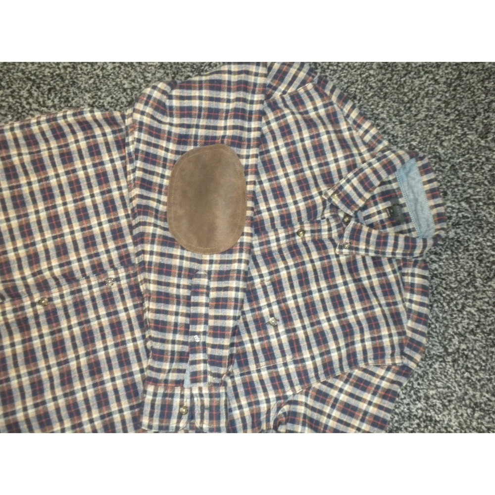J Crew Shirt Mens M Blue Brown Plaid Flannel Wool Blend Leather Elbow Patch - Picture 3 of 11